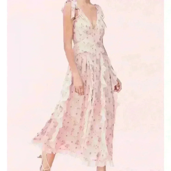 Rebecca Taylor Leander floral metallic clip midi dress in pink silk - Picture 3 of 13